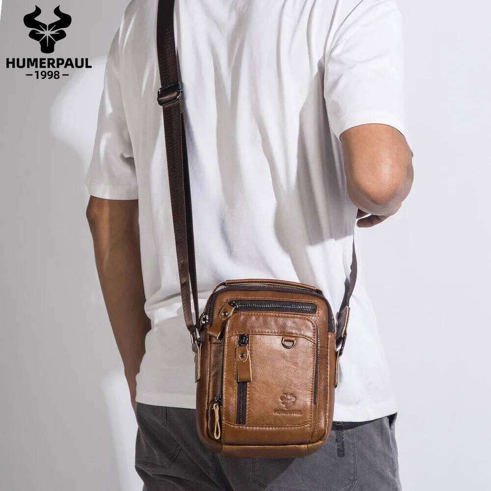 HUMERPAUL 100% Genuine Leather Men's Shoulder Messenger Bag Small Business Crossbody Handbag For Work Male Travel Sling Bolso
