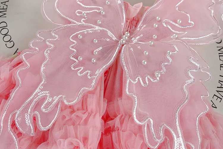 Summer Girl Pink Dress with Wing Elegant Princess Tutu Dresses Stretch Bust Full Printing Butterfly Fluffy Birthday Ball Gown X250528