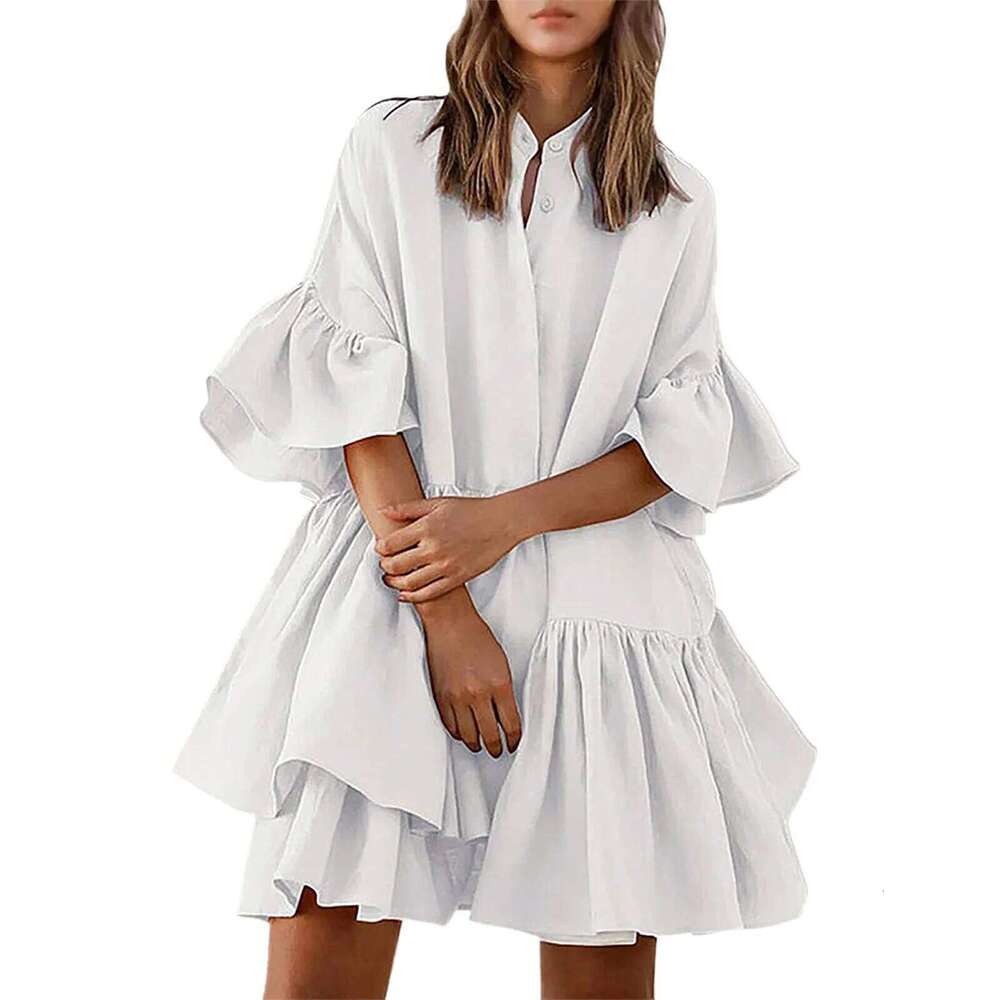 Women's Wear New Women's Loose Shirt Solid Color Flare Sleeve A-Line Pleated Summer Casual Sweet Party Ruffles Dress Robe