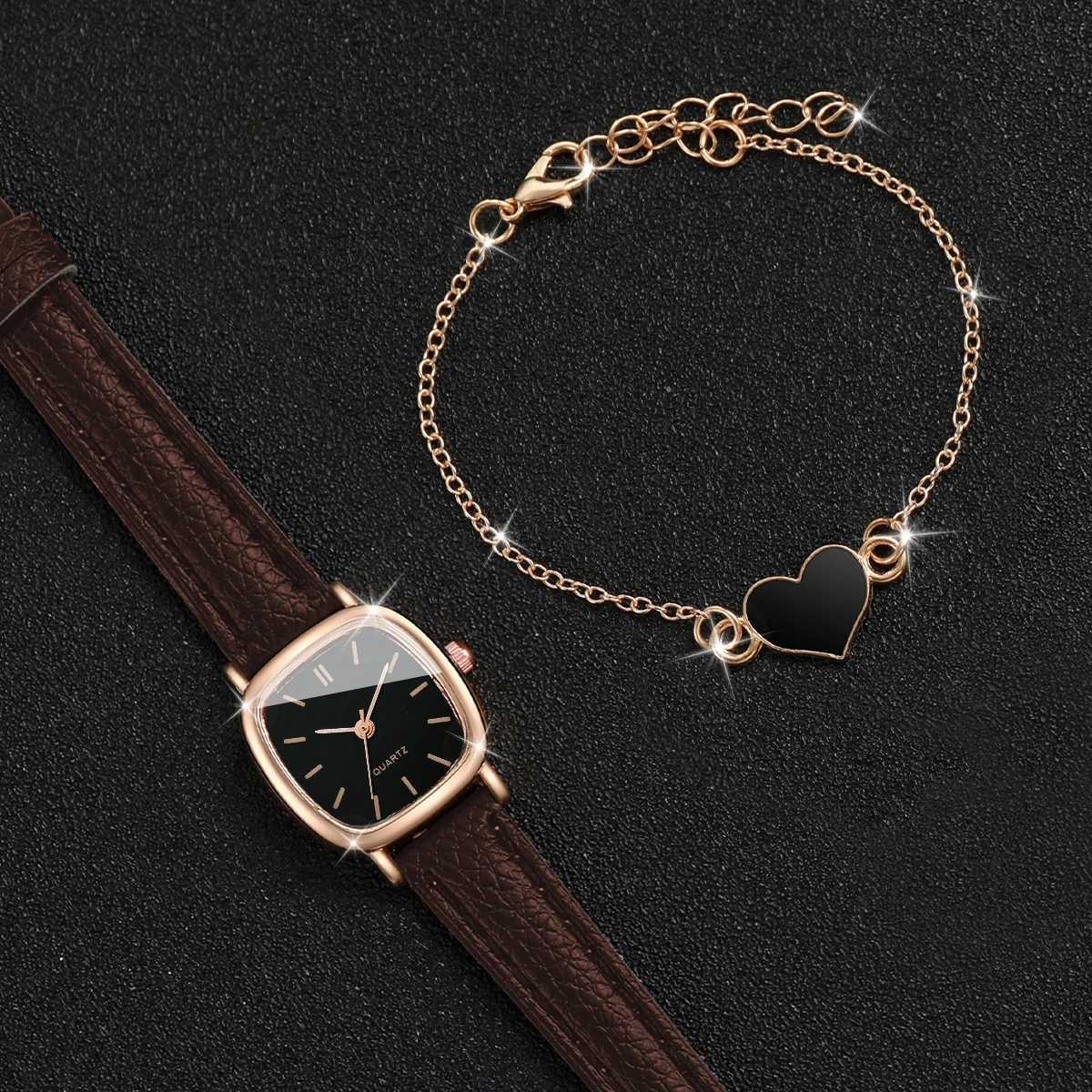 2PCS/Set Fashion Square Women Watch Leather Band Quartz Watches Heart Bracelet Set XJ250527