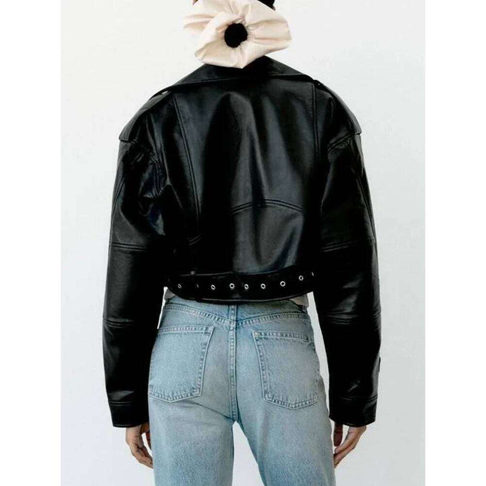 TRAF Women Oversized Vintage Loose Pu Faux Leather Short Jacket with Belt Streetwear Female Zipper Retro Moto Biker Coat Outwear