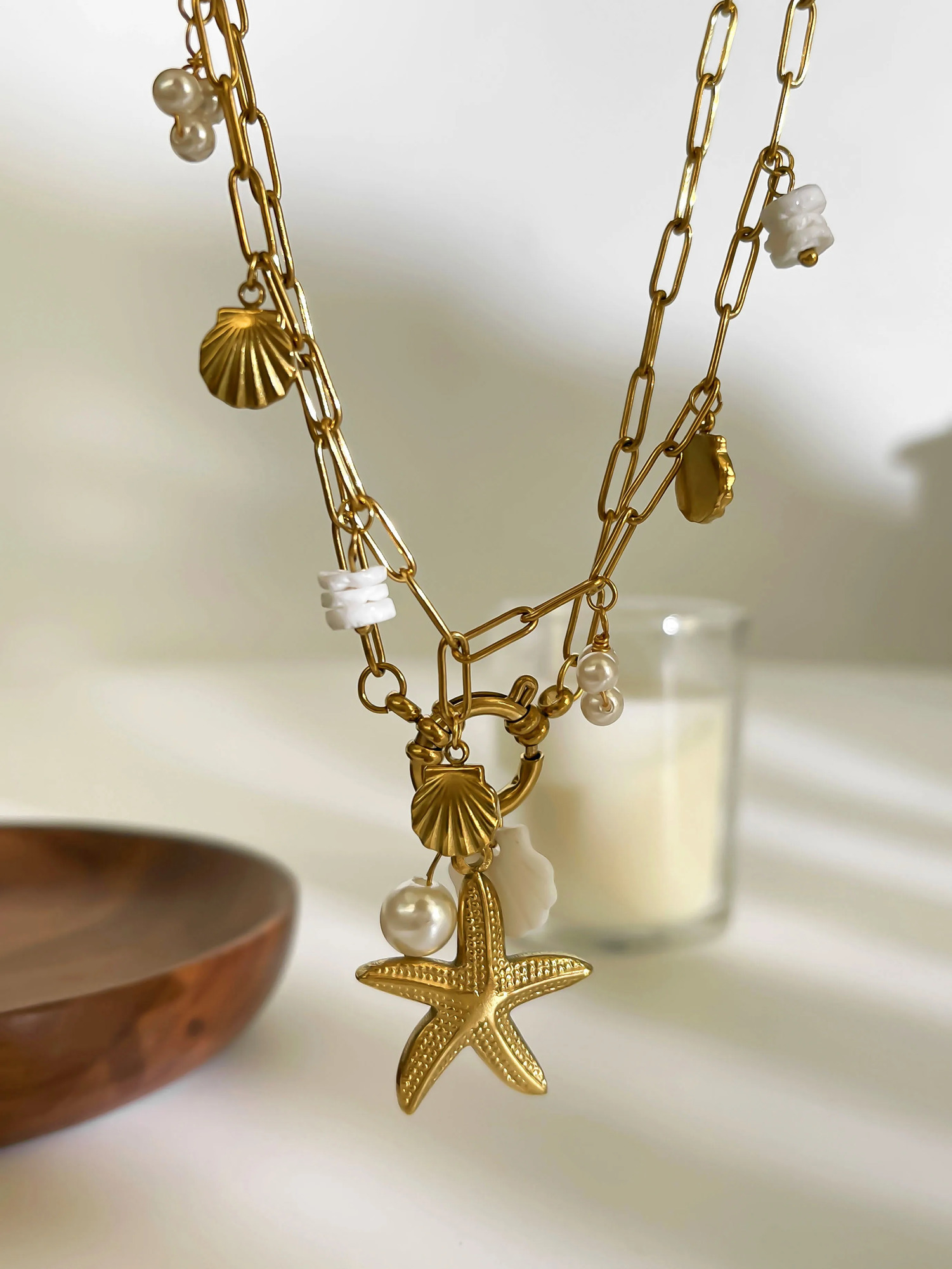 GHIDBK Fashion Stainless Steel Starfish Shell Pearl Pendant Necklaces for Women Beach Party Stackable Jewelry 2025 250522