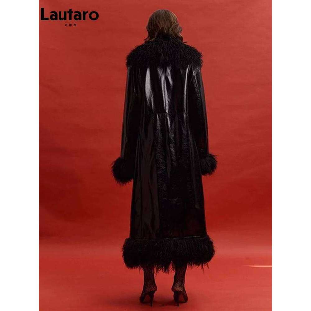 Lautaro Spring Autumn Long Black Shiny Patent Pu Leather Coat Women with Faux Fur Trim Designer Clothing European Fashion