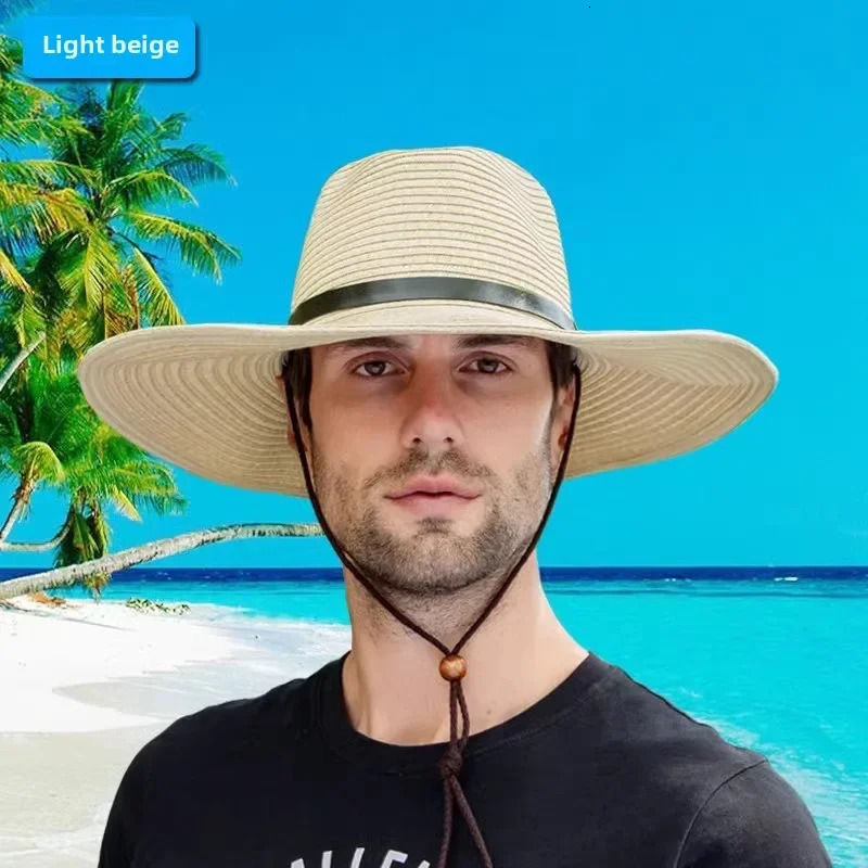 Big Brim Woven Straw Hat Foldable Jazz Straw Hat for Men and Women Summer Beach Lanyard Sunscreen Outdoor Sports Sun Hat 250526