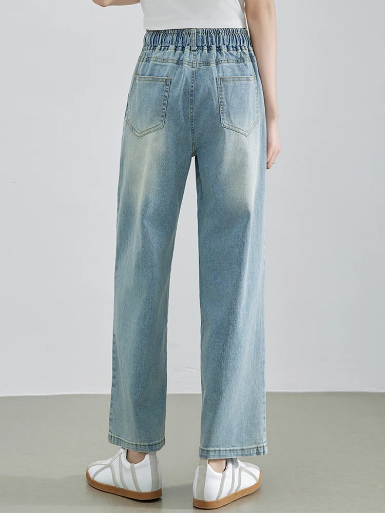 2025 Summer Denim Jean High Elastic Waist Drawstring Bleached Wide Leg Blue Pants Streetwear Trousers 250516Z