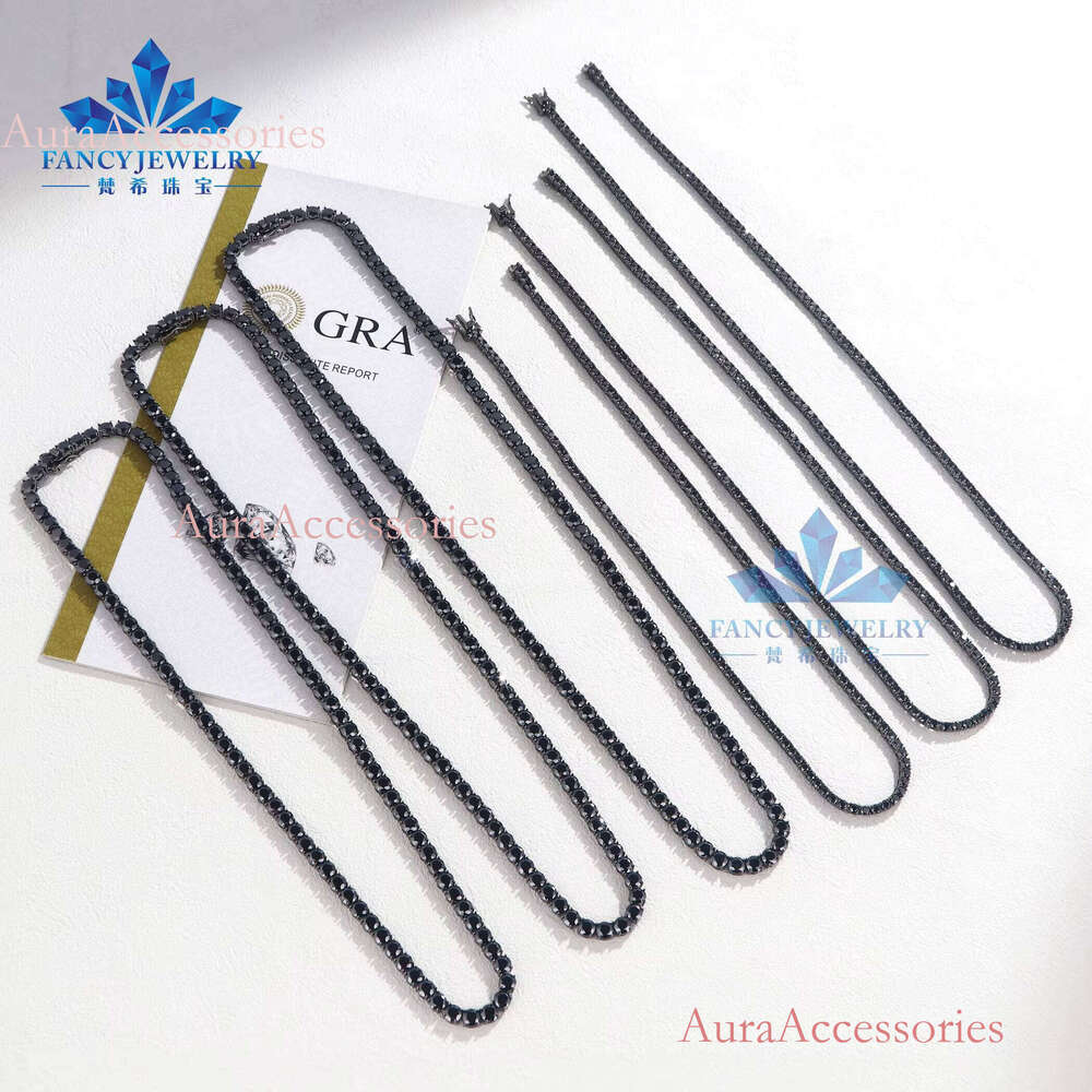 2025 Rhodium Plated 3mm-5mm Sterling Sier Chain Iced Black Moissanite Dia Tennis Necklace