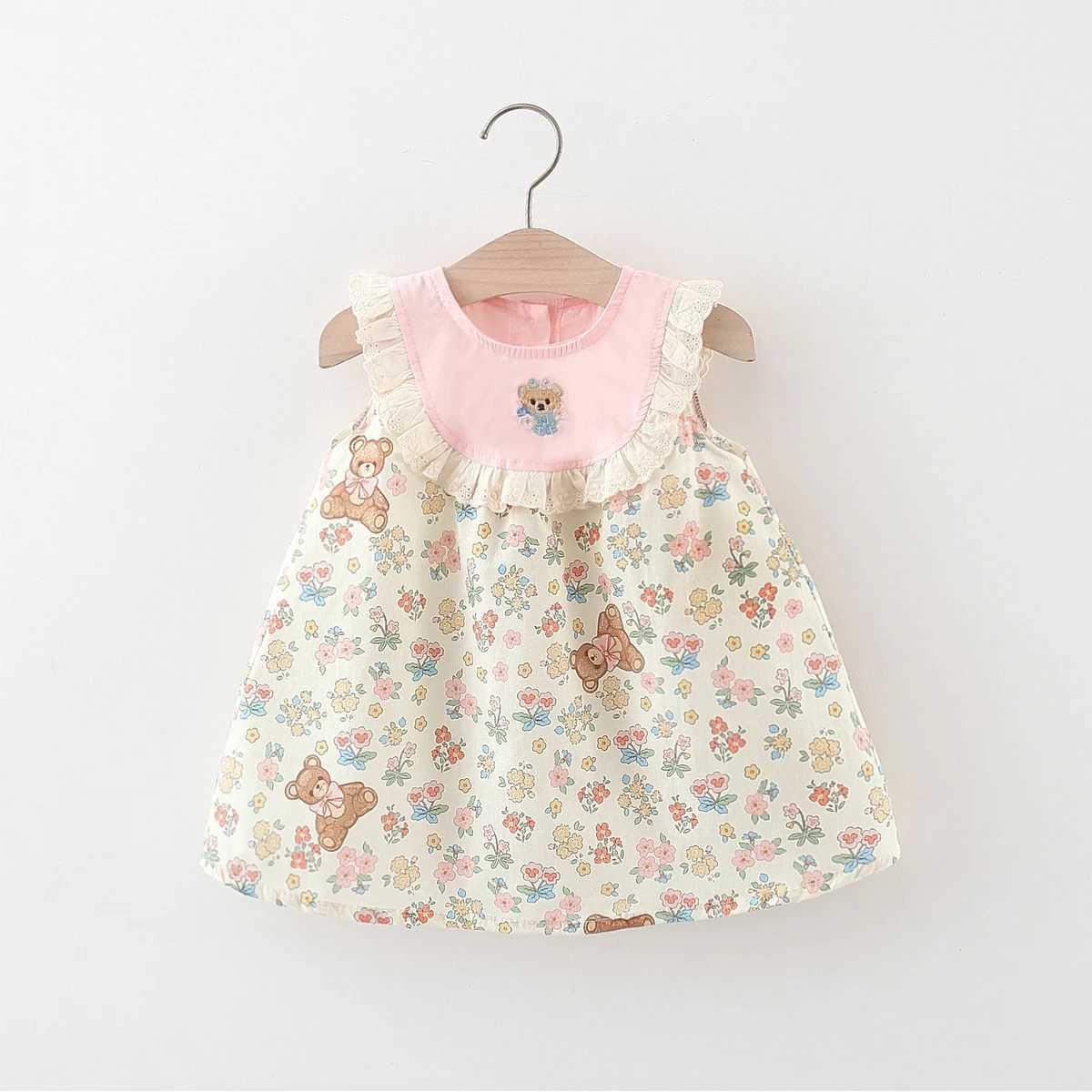 Summer Baby Girls New Dress Is A Teddy Bear Floral Lace Embroidered Cotton Dress Suitable for Babies Aged 0-4 X250528