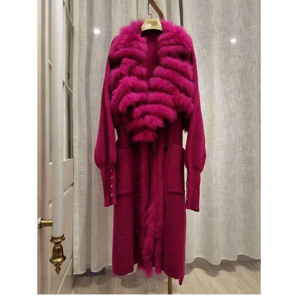 ZDFURS*2022 New Women Special Autumn Real Knitting OverSize Coat Fox Fur Collar Lady's Fashion Long Sweater Length 110cm