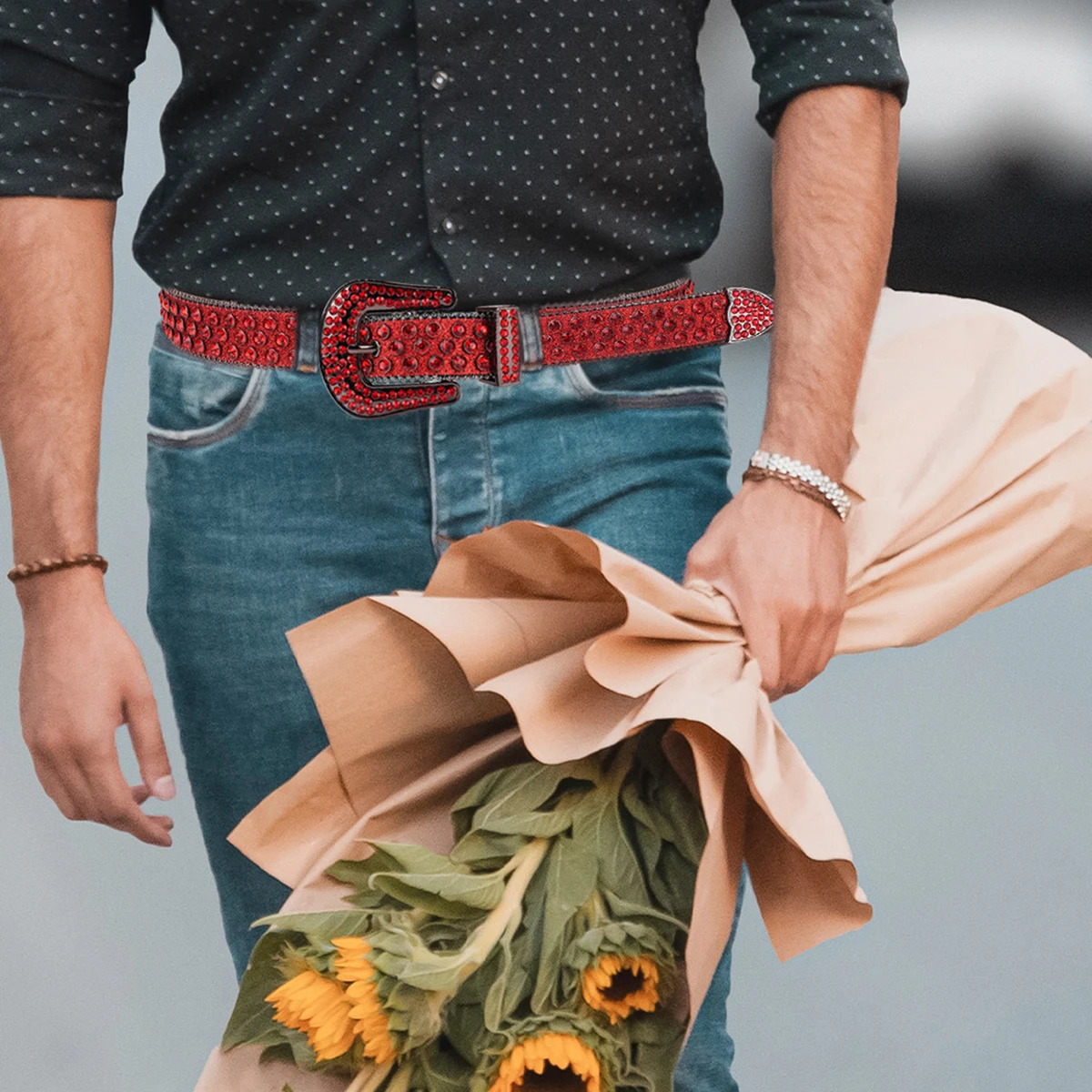 Mens Womens Fashion Sparkle Red Rhinestone Belt Strap Western Cowboy Cowgirl Bling Crystal Studded Belt for Jeans Dress 250523