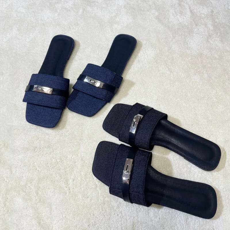 French Style Metal Buckle Flat Sandals for Women Summer Outdoor Square Open Toe Casual Vacation Beach Shoes