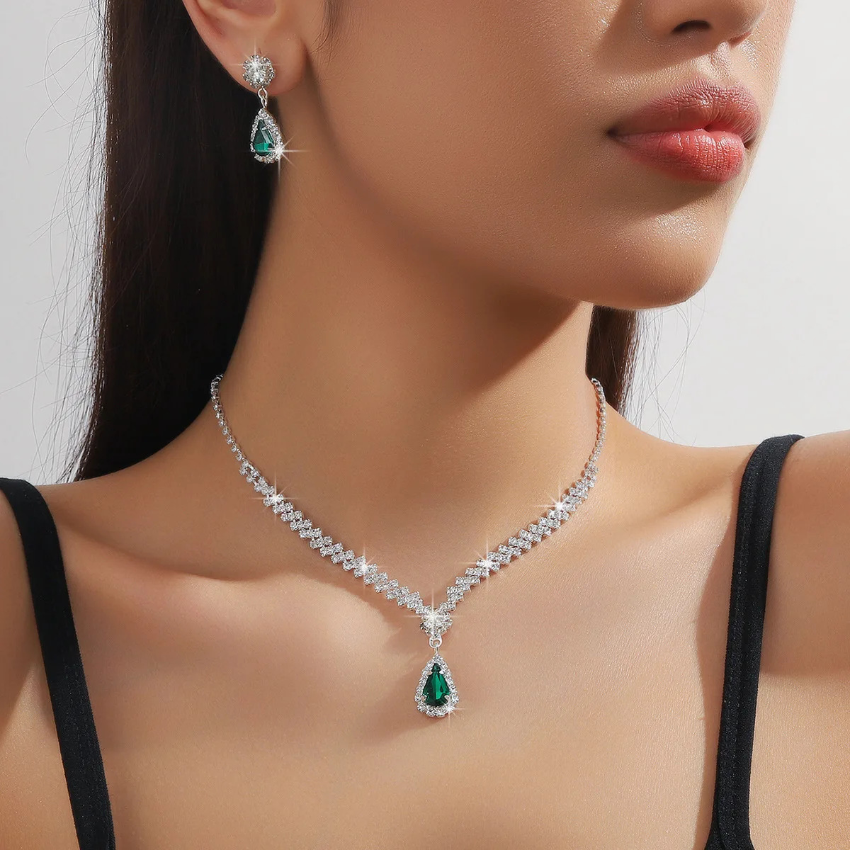 BLIJERY Classic Waterdrop Style Jewelry Sets for Women Blue Crystal Necklace Earrings Bridal Wedding Party Birthday Jewelry Sets 250527