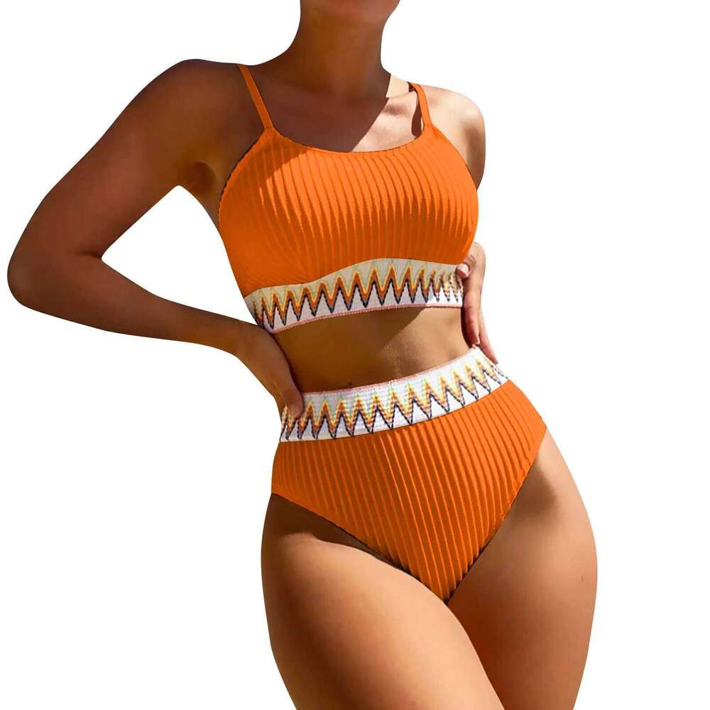 Women's High-Waisted Bikini with Stylish Stripe Design - Trendy Swimwear Set