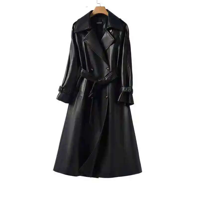 Genuine Leather Trench Autumn Winter Women's Double Breasted Sheepskin Mid Length Coat With Belt Ladies Overcoat Outerwear