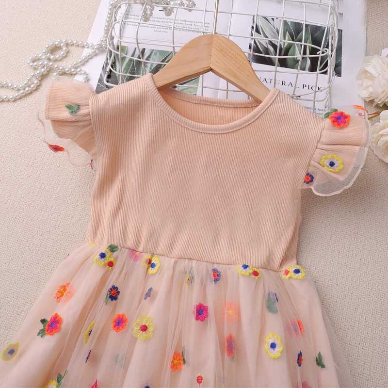 Humor Bear Girls New Summer Clothes Fly Sleeve Print Splice Sweet and Cute Mesh Dress Gentle Style Vestidos Casual Outfit 2-6Y X250528