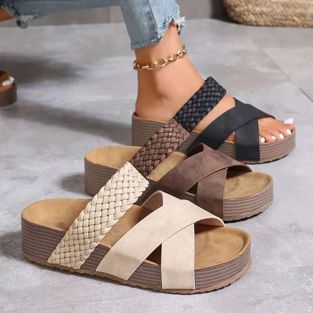 Summer Espadrille Women's Slide Sandals, Crisscross Band Open Toe Casual Outdoor Platform Slides