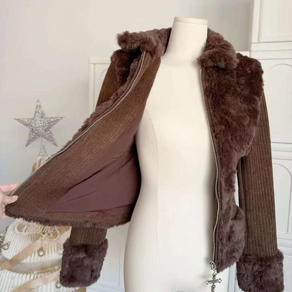 Brown Vintage Lapel Fur Coats Cross Zipper Fluffy Long Sleeve Slim Splicing Jacket for Women Retro Y2k Casual Street Fashion