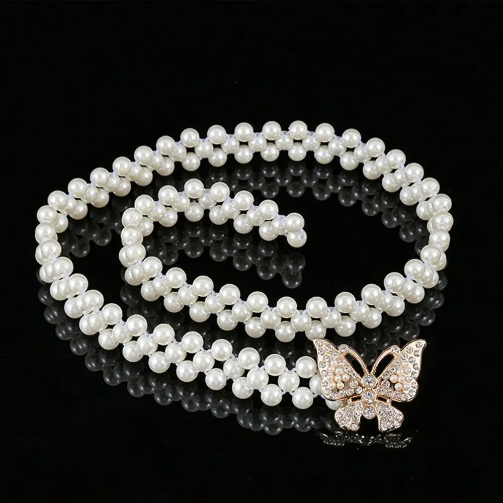 Exquisite Butterfly Buckle Waistband Elastic Pearls and Rhinestones Waist Strap Casual Waist Belts Clothing Decoration 250523