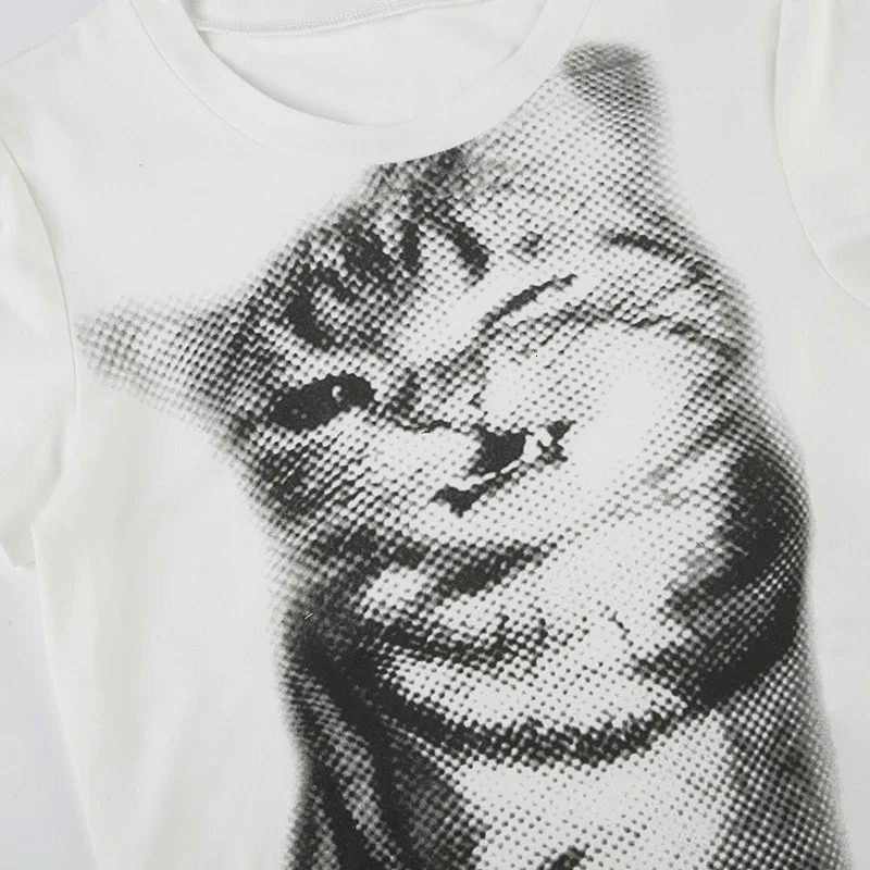 Harajuku Animal Print Crop Top Basic White Short Sleeve Crewneck Tshirt Women Casual Slimfitting Tees Lady Vintage Style 250517