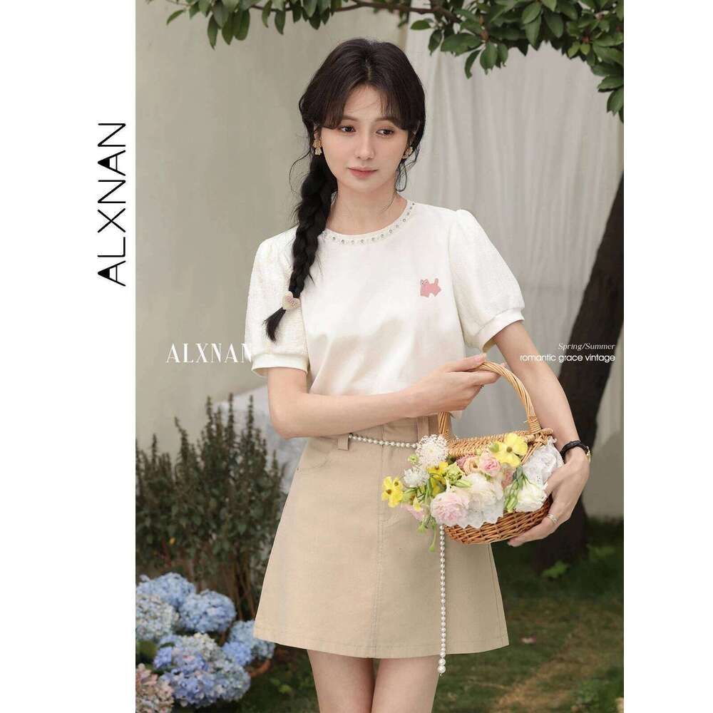 ALXNAN Women's Elegant Embroidered Beaded Short T-Shirt 2025 Summer Loose Boho Chic Puff Sleeve Top Ladies L53793