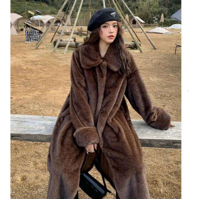 Winter Vintage Brown Lapel Mink Faux Fur CHIC Women Full Sleeve Loose Warm Below Knee Maxi Long Jacket Coat