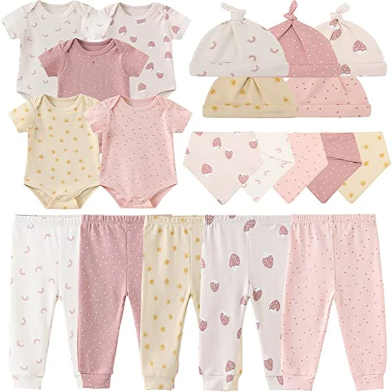 Unisex Cotton Born Baby Girl Clothes Sets BodysuitsPantsHatsGlovesBibs Boy Solid Color Cartoon Bebes 250528