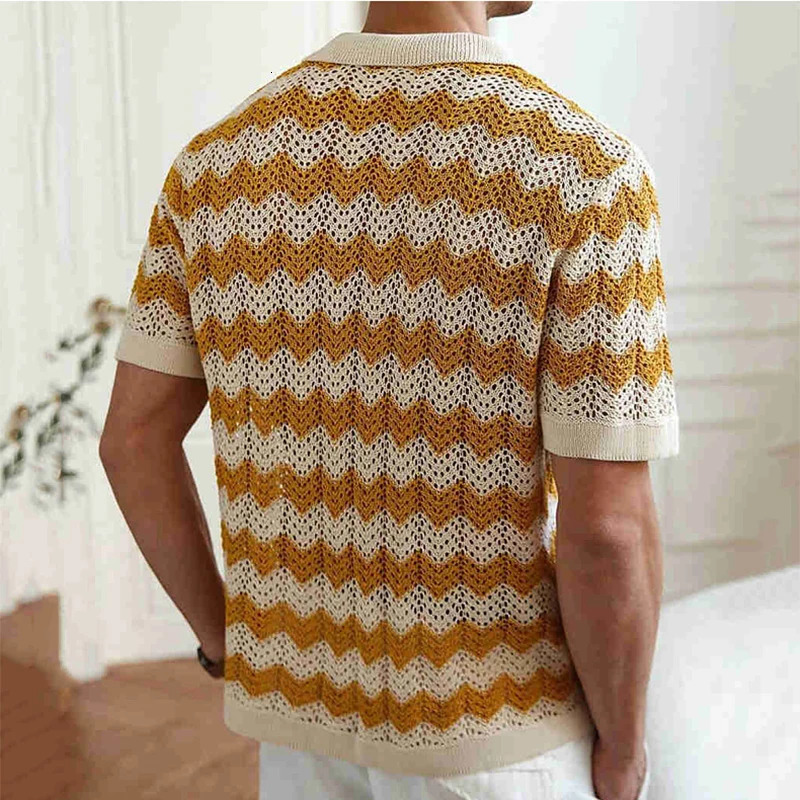 Casual Hollow Out Knitted Shirts Mens Beach Vintage Striped Crochet Knit Cardigans Men Summer Trendy Lapel Button-up Shirt 250526
