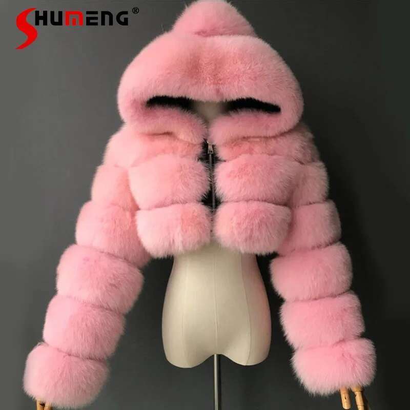 European and American Orange Imitation Fox Hooded Coats Woman ing Long Sleeve Pink Fluffy Jacket Commute Faux Fur Coat
