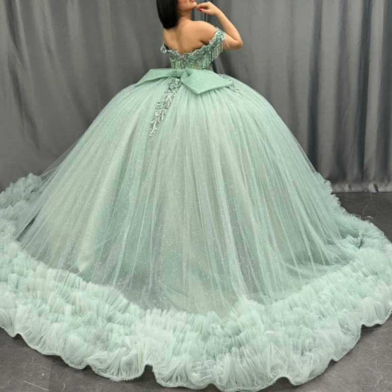 Mint Green Shiny Quinceanera Dresses Ball Gown Off The Shoulder Applique Lace Beading Crystal Bow Tiered Tull Party Birthday Sweet 16 Dress Vestidos 1