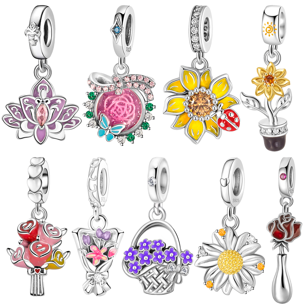 FewDook 2025 Fine Flower Serise Dangle Charm Silver Water Lotus, Rose, Sunflower, Daisy Pendant fit Original Pan Charms Bracelet Vintage Jewelry Designer for Women