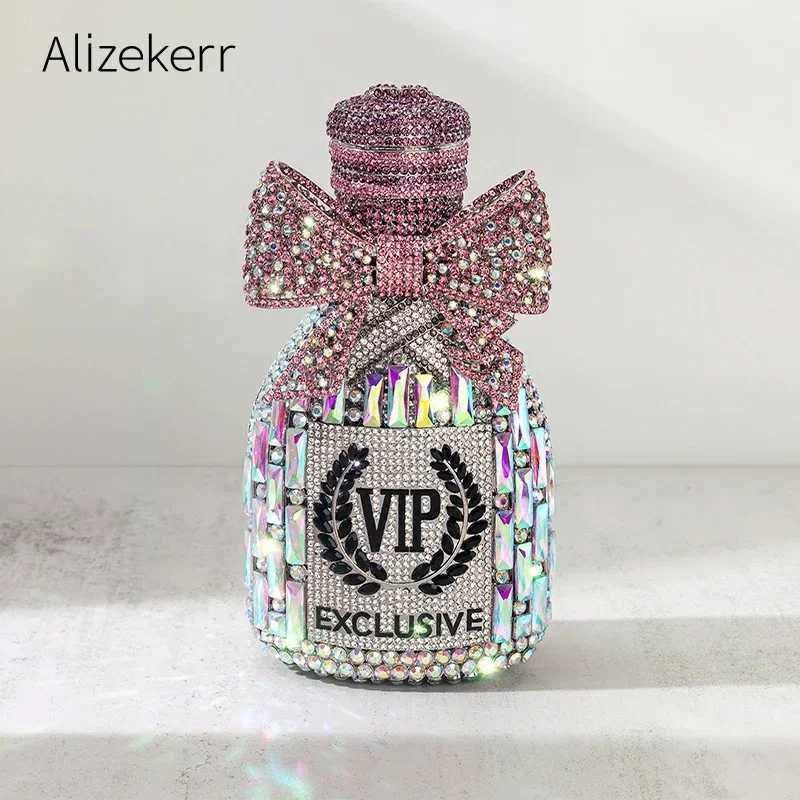 New Arrival Alizekerr Champagne Bottle Shaped Bow Crystal Evening Bags Women Gorgeous Unique Bling Diamond Metal Clutch Purses Wedding Party Z250528