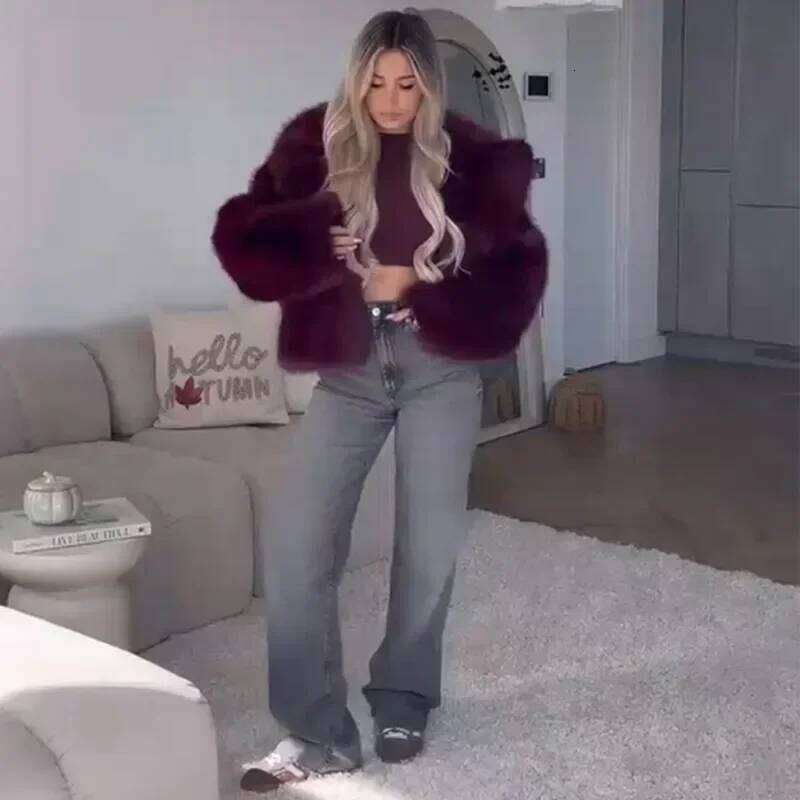 Bury Faux Fur Coat Vintage Long Sleeve Furry Warm Jackets Fashion Casual Women Coats 2024 Autumn High Street Lady Outerwear