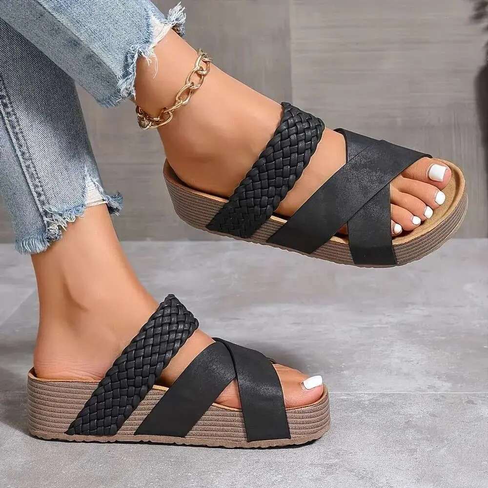 Summer Espadrille Women's Slide Sandals, Crisscross Band Open Toe Casual Outdoor Platform Slides