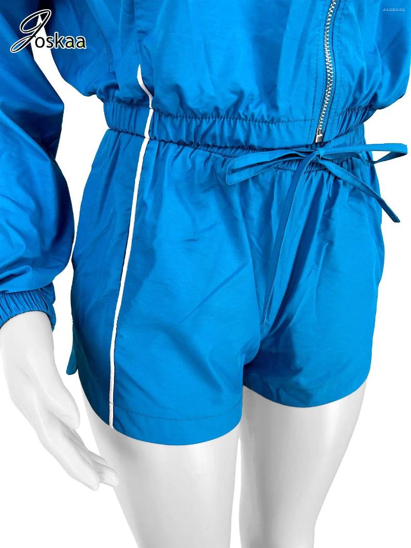 Women's Tracksuits Joskaa Striped Patchwork 2 Piece Sets Women Casual Full Sleeve Zip Crop Jacket And Drawstring Shorts Matching 2025