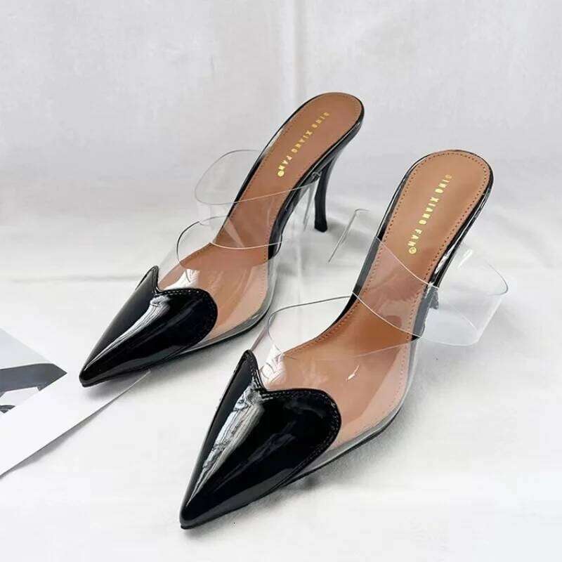 PVC Women Mules Pointed Toe Slip On Patchwork Hearts Patent Leather Elegant Thin High Heel Lady Pumps