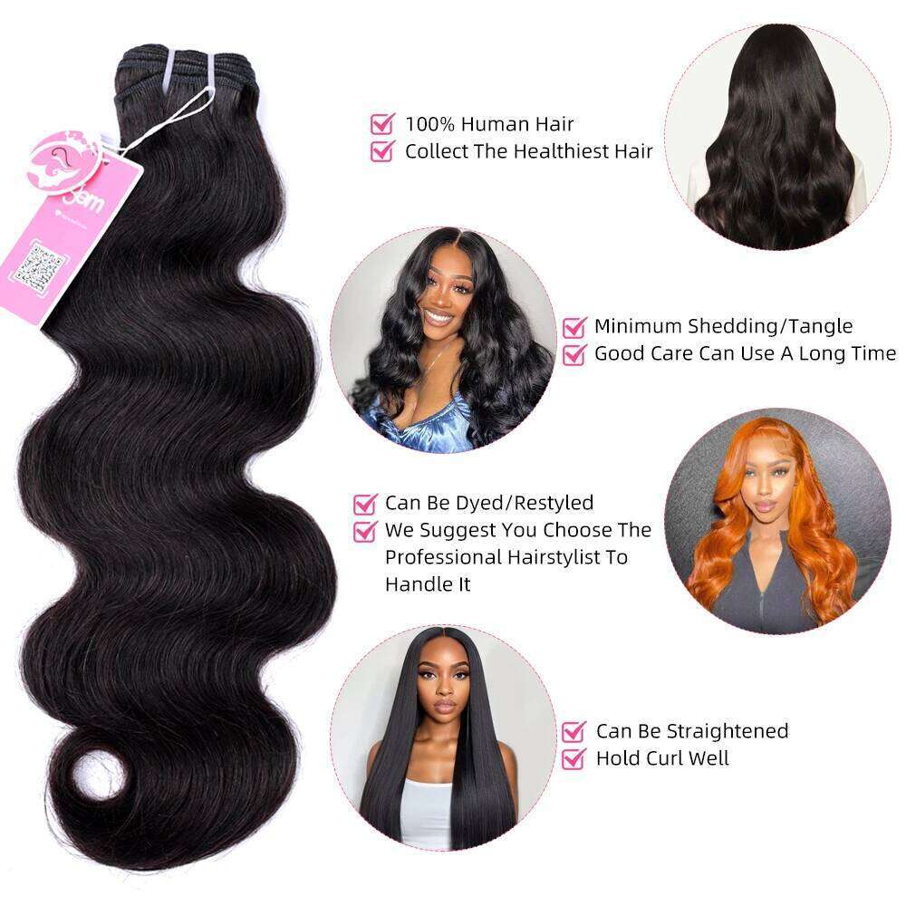 15A Body Wave Brazilian Virgin 1/3/4 Pcs Weave Natural Black Color Extensions 100% Human Hair Bundles