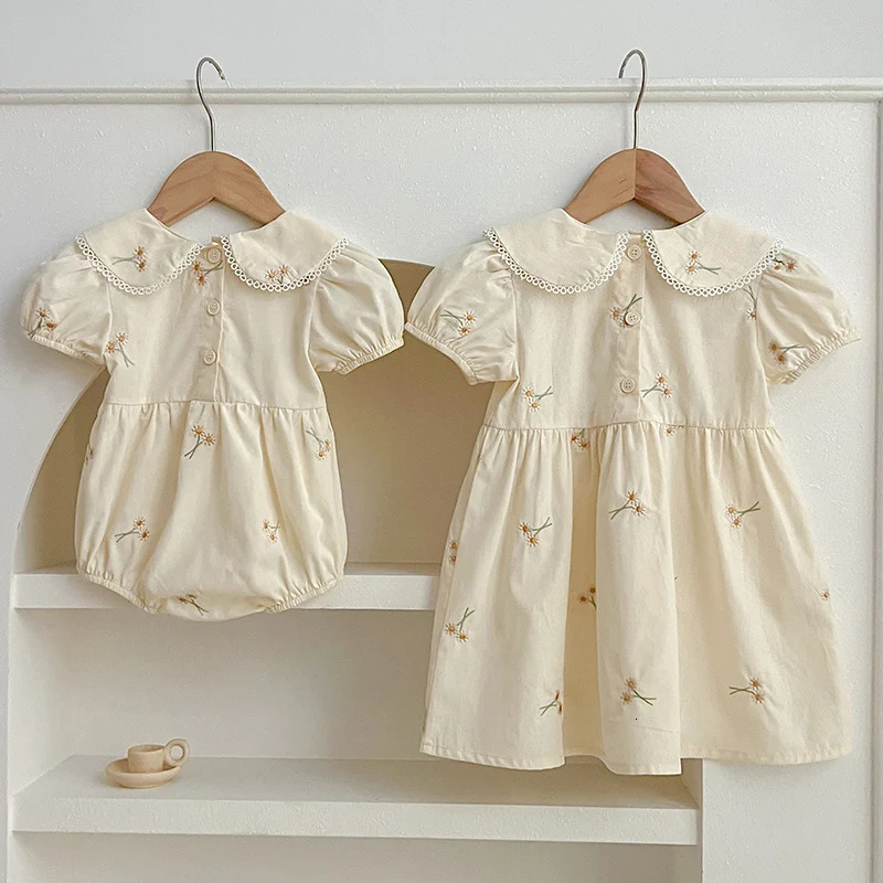 Infant Baby Girls Lace Collar Dress Rompers Sisters Clothes Kids Embroider Flower Princess Family 250528