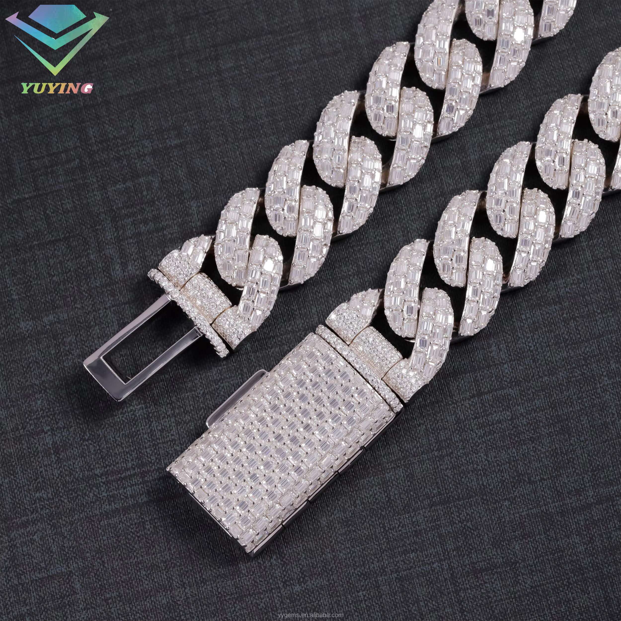 Luxury Full iced out Baguette Moissanite Cuban Chain For Man 20mm 23mm S925 Silver VVS Baguette Moissanite Cuban Link Chain