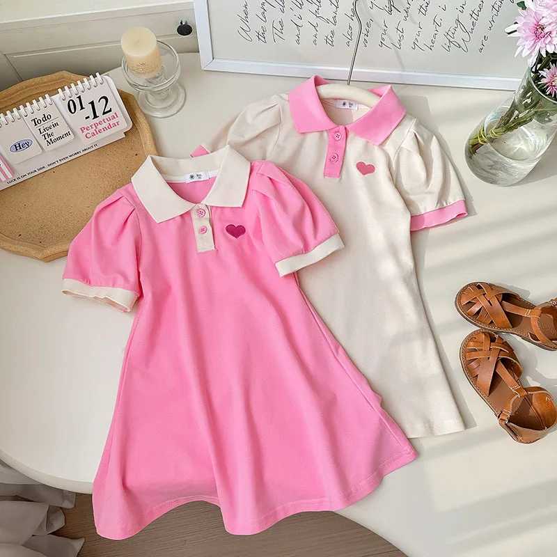 Casual Polo Dress for Kids Girl Summer Sweet Puff Sleeve A-line Fashion Embroidery Heart Pink White Fashion Outfits Girl Clothes X250528