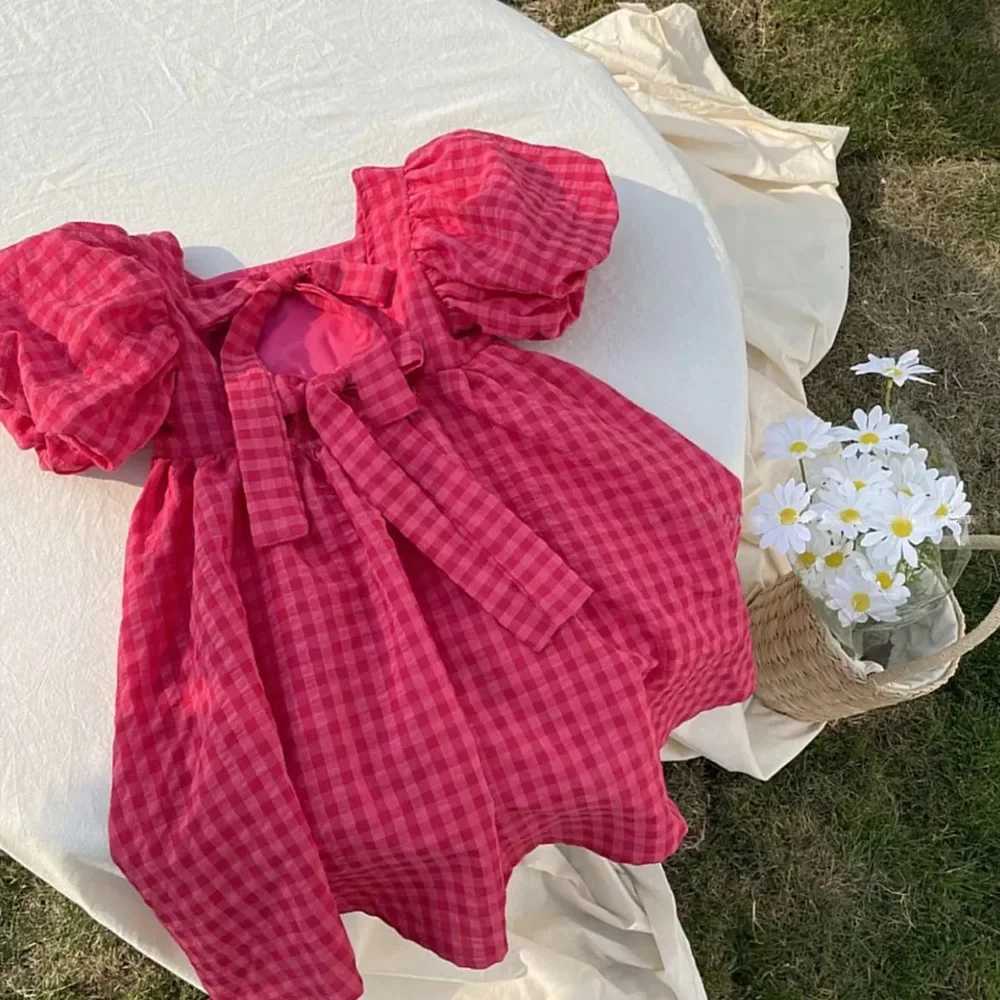 Red Checkered Butterfly Condensation Back Dress Childrens Wedding Party Clothing Bubble Sleeve Square Neck Pleated Dresses X250528