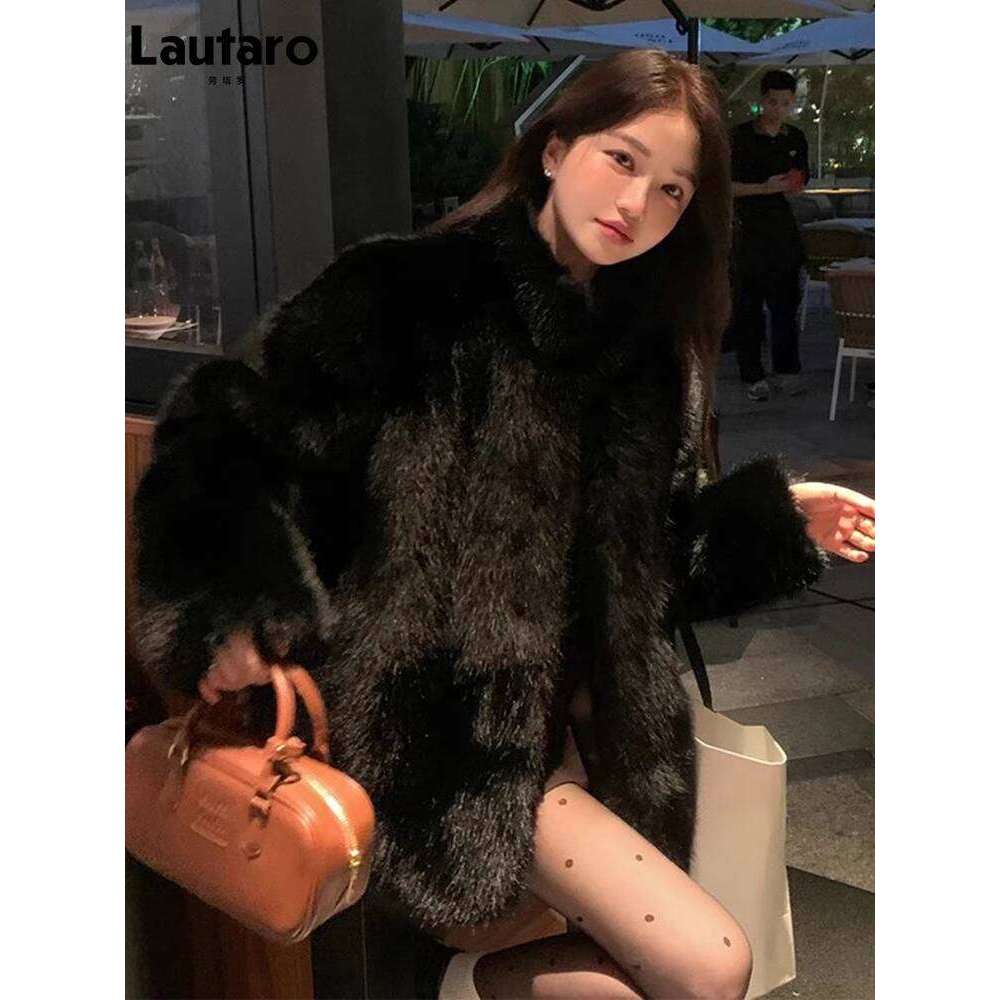 Lautaro Autumn Winter Black Soft Thick Warm Hairy Shaggy Faux Fox Fur Coat Women Stand Collar Long Sleeve Fluffy Jacket 2023