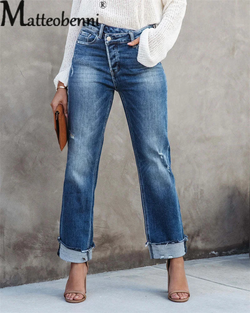 Women Mid Waist Slant Button Splicing Straight Jeans Fashion Broken Holes Denim Pants Female Urban Casual Trousers 250516Z