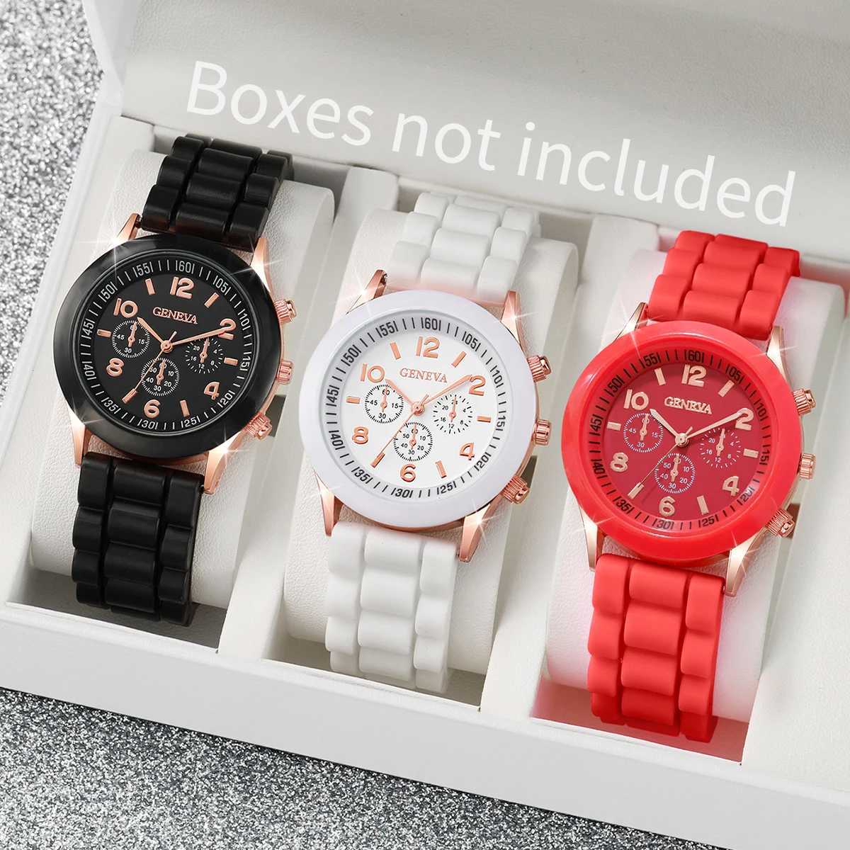 3PCs/Set Fashion Women Silicone Watch White Red Black Colors Quartz Watch Set XJ250527
