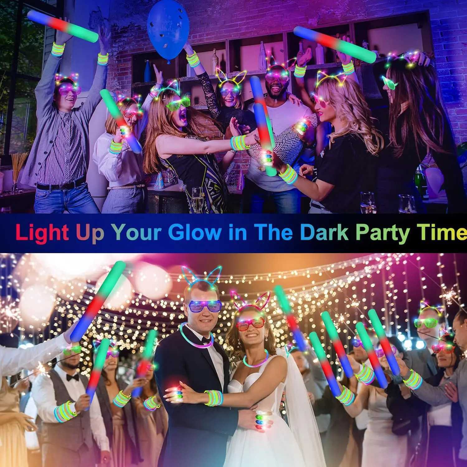 282 Pcs Neon Party Supplies 18 Foam Sticks 18 LED Glasses 200 Glow Sticks 30 Finger Lights 8 Bunny 8 Cat Ear Headbands W250528