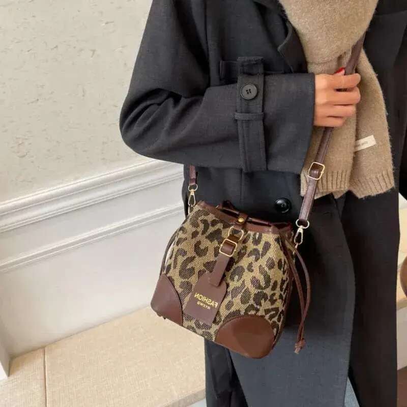 Leopard Small PU Leather Women Bucket Crossbody Bags 2024 Fall Designer Shoulder Bag Brand Ladies Handbag Lady Trend Tote