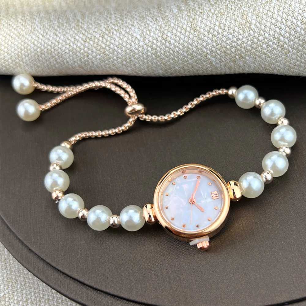 Womens Beaded Pull-out Bracelet Alloy Rose Gold Case Premium Fritile-textured Dial Elegant Quartz Watch Suitable for Banquet XJ250527