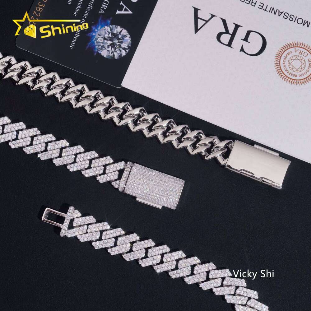Hot Selling Hip Hop Men Necklace GRA Solid Sier 13mm Two Rows Iced Out VVS1 Moissanite Cuban Link Chain