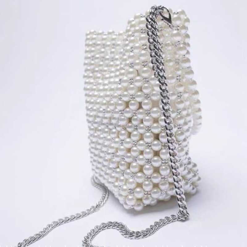 New Womens Bag Trendy Texture White Pearl Bag Beaded Fish Skin Fairy Handheld Cross Shoulder Chain Single Shoulder Bucket Bag