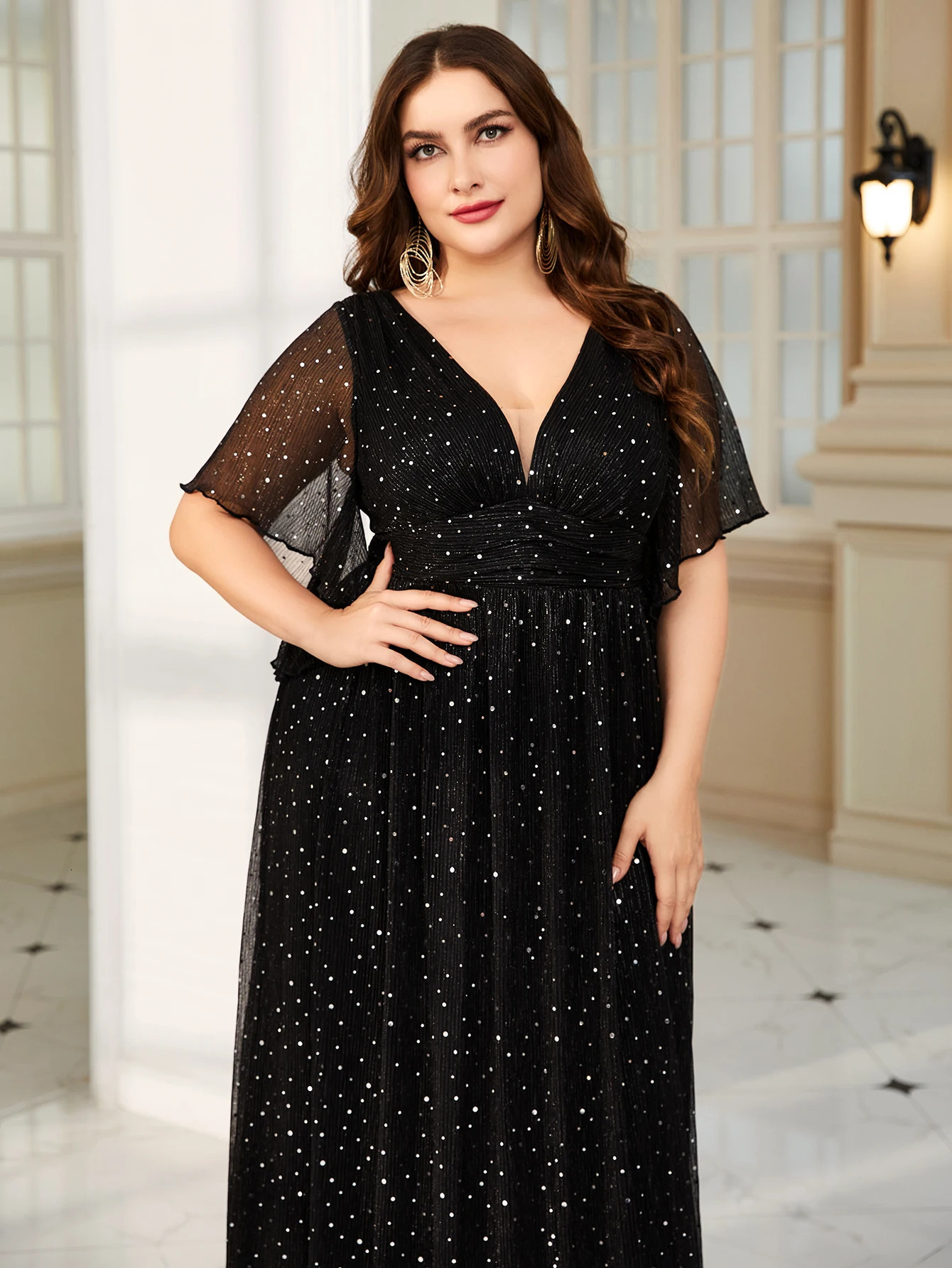 Unithorse Plus VNeck Waist Ruched Floral Sleeve Glitter Sequin Dress 250517