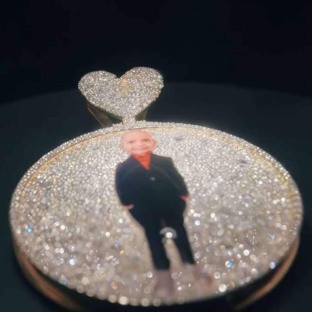 Iced Out Custom Made 2inch Width Circle Memory Photo Pendant Lab Dia 10K Solid Rose Gold
