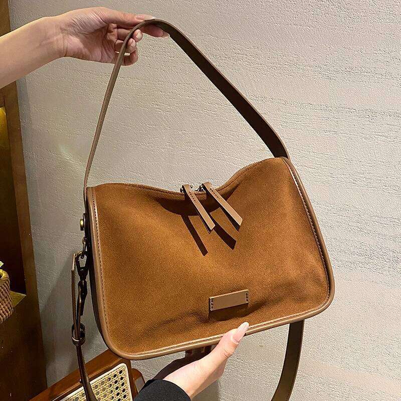 Retro Women Genuine Suede Cowhide Leather Crossbody Large Capacity Soft Wearable Cow Shoulder Travel Bag With Double Zipper